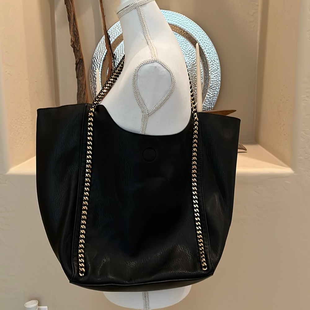 Madison West large boho style faux black leather bag with organizer insert